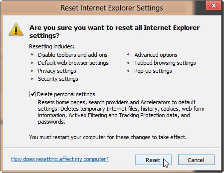 Internet Explorer 设置重置